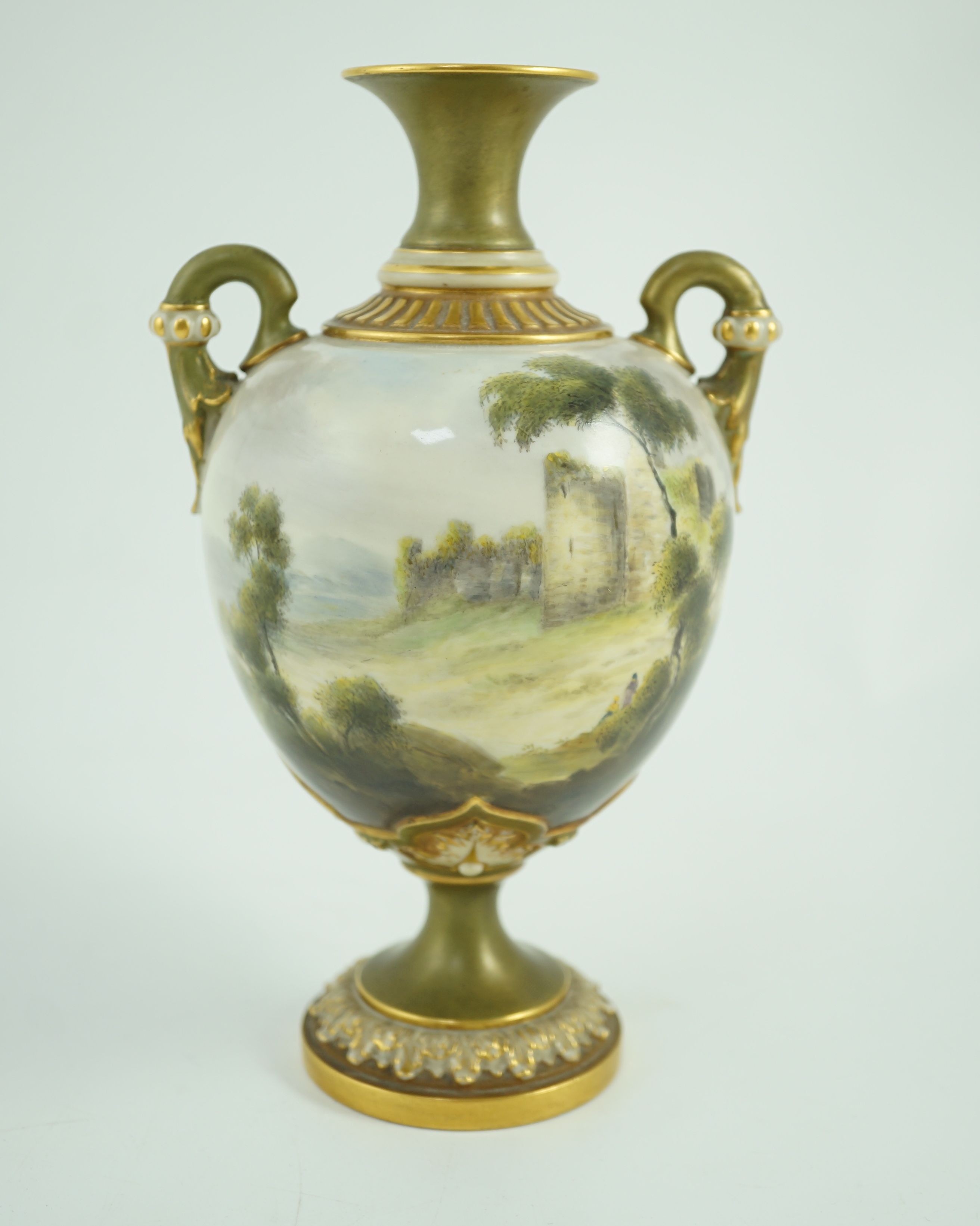 A Royal Worcester two handled vase painted with Caerphilly Castle by C. Johnson, c.1912, 21.5cm tall